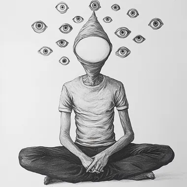 Create a surrealist-style pencil drawing of a character sitting cross-legged with an empty head and eyes protruding from the head everywhere, monochrome
