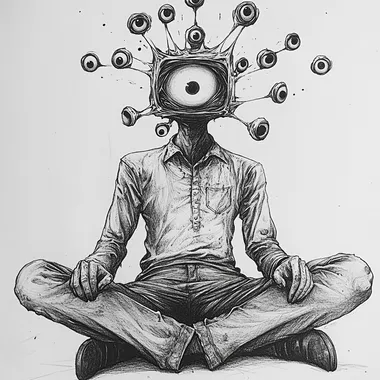 Create a surrealist-style pencil drawing of a character sitting cross-legged with an empty head and eyes protruding from the head everywhere, monochrome