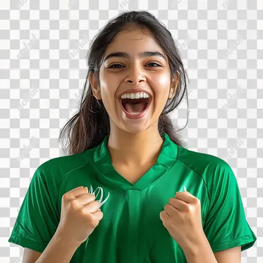 25 years old indian female wearing a green jersey, celebrating the Cricket World Cup win in a studio shot. She has a happy facial expression against a solid background. This is a photographic, hyper-realistic image.