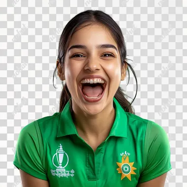 25 years old indian female wearing a green jersey, celebrating the Cricket World Cup win in a studio shot. She has a happy facial expression against a solid background. This is a photographic, hyper-realistic image.