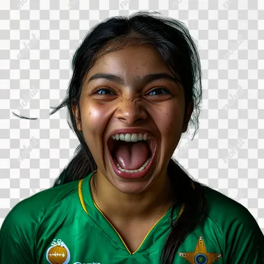 25 years old indian female wearing a green jersey, celebrating the Cricket World Cup win in a studio shot. She has a happy facial expression against a solid background. This is a photographic, hyper-realistic image.