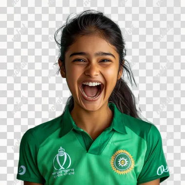 25 years old indian female wearing a green jersey, celebrating the Cricket World Cup win in a studio shot. She has a happy facial expression against a solid background. This is a photographic, hyper-realistic image.