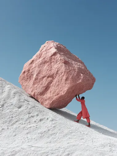 A photograph of a black woman in a salmon-colouted outfit, pushing up a gigantic salmon-coloured boulder up a white chalky hill, in the style of surreal fashion photography representing sisyphus. The image features a blue sky, minimalist design, hyper-realistic rendering, desaturated colours, and high resolution, captured with a Hasselblad camera.  rofile iifez4j