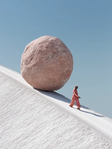 A photograph of a black woman in a salmon-colouted outfit, pushing up a gigantic salmon-coloured boulder up a white chalky hill, in the style of surreal fashion photography representing sisyphus. The image features a blue sky, minimalist design, hyper-realistic rendering, desaturated colours, and high resolution, captured with a Hasselblad camera.  rofile iifez4j