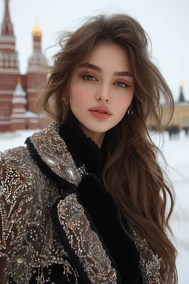 Frontal portrait of a Slavic model with long brown hair, dressed in the winter collection of Elie Saab, in luxurious jackets decorated with delicate beads. The focus is on their intricate design, with Moscow's Red Square in the background. High-speed Phantom camera, natural lighting to highlight textures and colors in the style of Elie Saab  --s 500