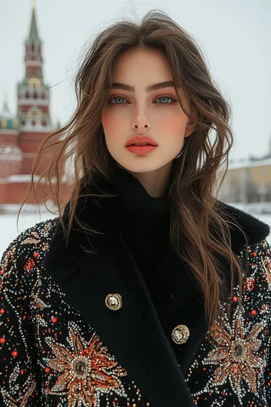 Frontal portrait of a Slavic model with long brown hair, dressed in the winter collection of Elie Saab, in luxurious jackets decorated with delicate beads. The focus is on their intricate design, with Moscow's Red Square in the background. High-speed Phantom camera, natural lighting to highlight textures and colors in the style of Elie Saab  --s 500