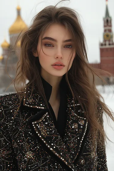 Frontal portrait of a Slavic model with long brown hair, dressed in the winter collection of Elie Saab, in luxurious jackets decorated with delicate beads. The focus is on their intricate design, with Moscow's Red Square in the background. High-speed Phantom camera, natural lighting to highlight textures and colors in the style of Elie Saab  --s 500