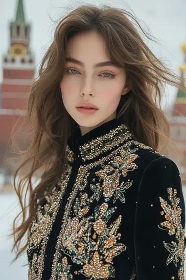 Frontal portrait of a Slavic model with long brown hair, dressed in the winter collection of Elie Saab, in luxurious jackets decorated with delicate beads. The focus is on their intricate design, with Moscow's Red Square in the background. High-speed Phantom camera, natural lighting to highlight textures and colors in the style of Elie Saab  --s 500