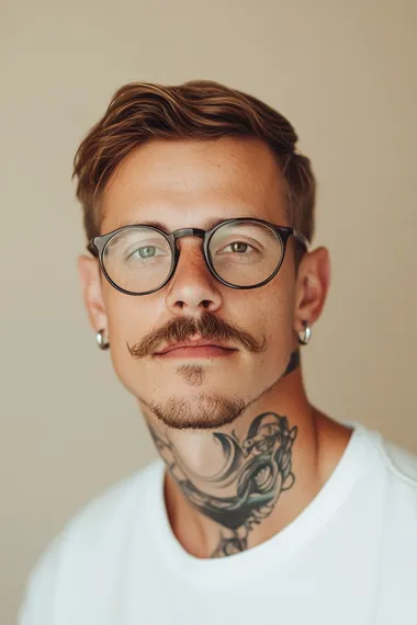 Headshot of a white man with short brown hair and glasses, wearing small silver hoop earrings in his earlobes, a neck tattoo, a thick mustache, and a very light skin tone with a tan complexion. He is holding his head to the side, wearing thin, round black-framed eyeglasses, and a white t-shirt. The photograph appears to be professional, with a soft beige background, and was likely taken with a Canon EOS camera.