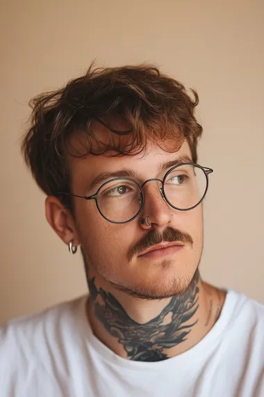 Headshot of a white man with short brown hair and glasses, wearing small silver hoop earrings in his earlobes, a neck tattoo, a thick mustache, and a very light skin tone with a tan complexion. He is holding his head to the side, wearing thin, round black-framed eyeglasses, and a white t-shirt. The photograph appears to be professional, with a soft beige background, and was likely taken with a Canon EOS camera.