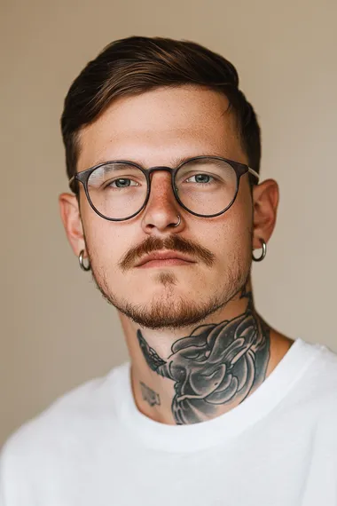Headshot of a white man with short brown hair and glasses, wearing small silver hoop earrings in his earlobes, a neck tattoo, a thick mustache, and a very light skin tone with a tan complexion. He is holding his head to the side, wearing thin, round black-framed eyeglasses, and a white t-shirt. The photograph appears to be professional, with a soft beige background, and was likely taken with a Canon EOS camera.