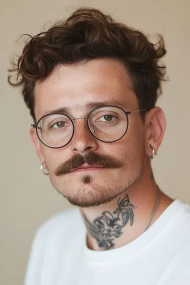 Headshot of a white man with short brown hair and glasses, wearing small silver hoop earrings in his earlobes, a neck tattoo, a thick mustache, and a very light skin tone with a tan complexion. He is holding his head to the side, wearing thin, round black-framed eyeglasses, and a white t-shirt. The photograph appears to be professional, with a soft beige background, and was likely taken with a Canon EOS camera.