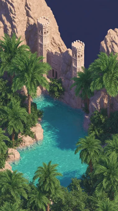 **A desert oasis palace**, sandstone towers with silk banners, palm trees surrounding turquoise pools, Arabian Nights fantasy   rofile u361idx