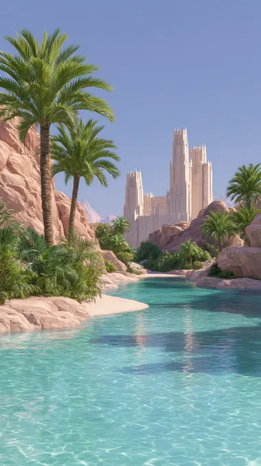 **A desert oasis palace**, sandstone towers with silk banners, palm trees surrounding turquoise pools, Arabian Nights fantasy   rofile u361idx