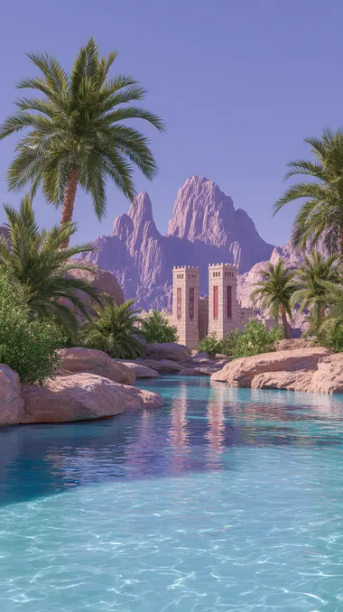 **A desert oasis palace**, sandstone towers with silk banners, palm trees surrounding turquoise pools, Arabian Nights fantasy   rofile u361idx