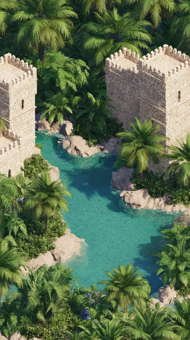 **A desert oasis palace**, sandstone towers with silk banners, palm trees surrounding turquoise pools, Arabian Nights fantasy   rofile u361idx