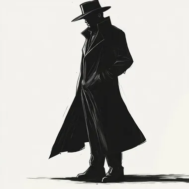 The stylized, full body Concept of a Male Spy in a Trench Coat looking around with brim hat set in a Noir universe, white Background, large, pitch black shadows, in the style of Hugo Pratt.