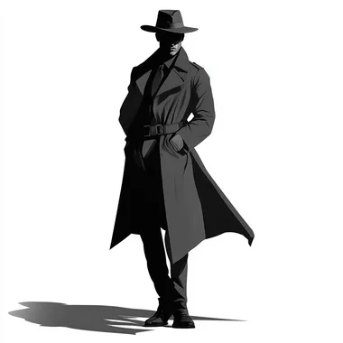 The stylized, full body Concept of a Male Spy in a Trench Coat looking around with brim hat set in a Noir universe, white Background, large, pitch black shadows, in the style of Hugo Pratt.