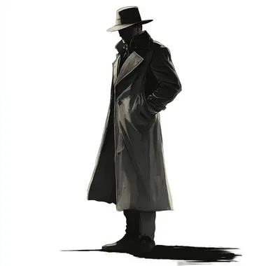 The stylized, full body Concept of a Male Spy in a Trench Coat looking around with brim hat set in a Noir universe, white Background, large, pitch black shadows, in the style of Hugo Pratt.