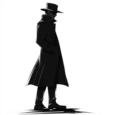 The stylized, full body Concept of a Male Spy in a Trench Coat looking around with brim hat set in a Noir universe, white Background, large, pitch black shadows, in the style of Hugo Pratt.