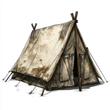a 2d character sprite of an abandoned camping tent in gold rush era,the canvas is damaged and worn on a white background