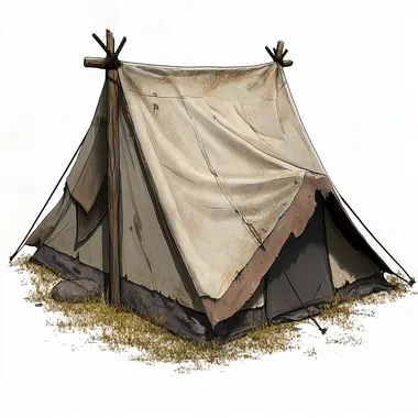 a 2d character sprite of an abandoned camping tent in gold rush era,the canvas is damaged and worn on a white background