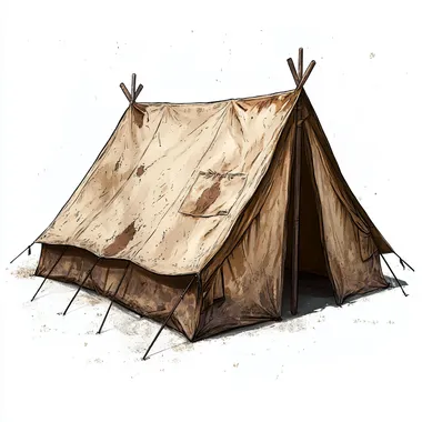a 2d character sprite of an abandoned camping tent in gold rush era,the canvas is damaged and worn on a white background