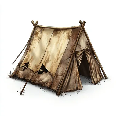 a 2d character sprite of an abandoned camping tent in gold rush era,the canvas is damaged and worn on a white background