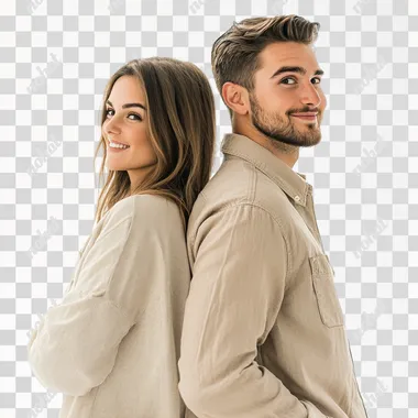 back angle view of 30 year old beautiful couple staying and looking at something in front of them and smiling, dressed nicely, beige colors of clothes, warm day, first day of autumn, white background, canon 6d,