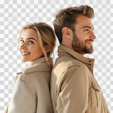 back angle view of 30 year old beautiful couple staying and looking at something in front of them and smiling, dressed nicely, beige colors of clothes, warm day, first day of autumn, white background, canon 6d,