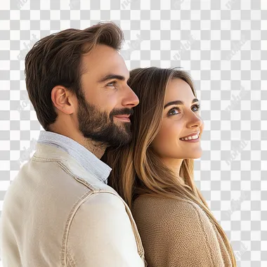 back angle view of 30 year old beautiful couple staying and looking at something in front of them and smiling, dressed nicely, beige colors of clothes, warm day, first day of autumn, white background, canon 6d,