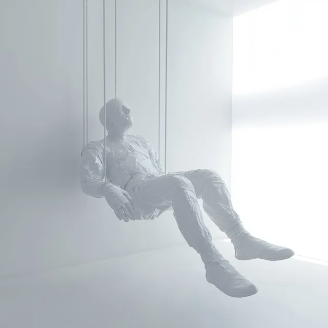 Man on swing in white room, suspended in time, ultra-realistic 3D art