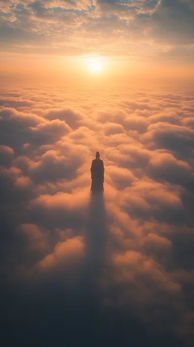 Golden hour light ,Grepuscular Ray ,rembrandt liughting ,bird's eye view ,front view ,film still ,by,Zhang yimou,Guanyin in the sea of clouds, meditation, standing, clouds, temple, sunset,