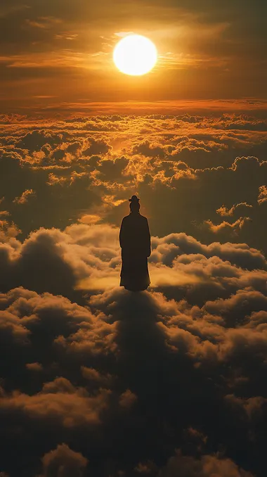 Golden hour light ,Grepuscular Ray ,rembrandt liughting ,bird's eye view ,front view ,film still ,by,Zhang yimou,Guanyin in the sea of clouds, meditation, standing, clouds, temple, sunset,