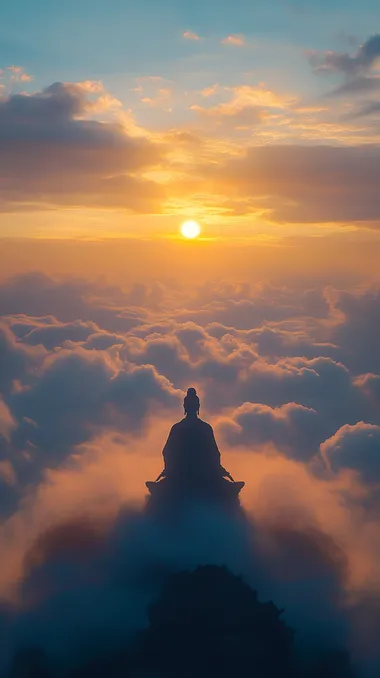 Golden hour light ,Grepuscular Ray ,rembrandt liughting ,bird's eye view ,front view ,film still ,by,Zhang yimou,Guanyin in the sea of clouds, meditation, standing, clouds, temple, sunset,