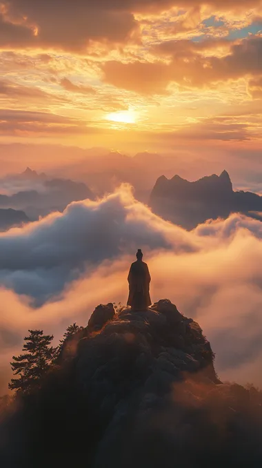 Golden hour light ,Grepuscular Ray ,rembrandt liughting ,bird's eye view ,front view ,film still ,by,Zhang yimou,Guanyin in the sea of clouds, meditation, standing, clouds, temple, sunset,