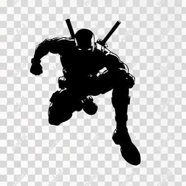 A black silhouette of a superhero Deadpool from the DC universe, jumping, view from the side. The background is pure white