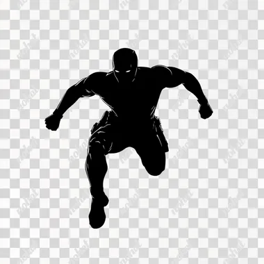 A black silhouette of a superhero Deadpool from the DC universe, jumping, view from the side. The background is pure white