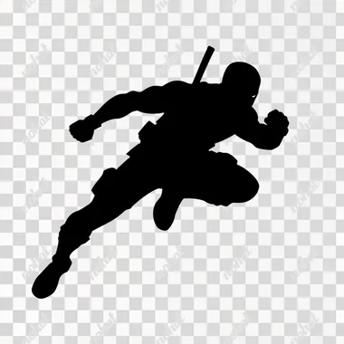 A black silhouette of a superhero Deadpool from the DC universe, jumping, view from the side. The background is pure white