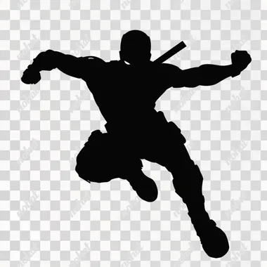 A black silhouette of a superhero Deadpool from the DC universe, jumping, view from the side. The background is pure white