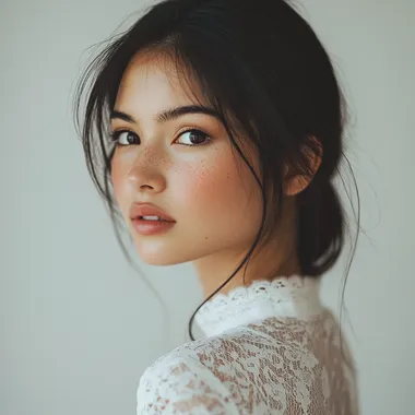 A distant shot of a beautiful Eastern girl against a white background.