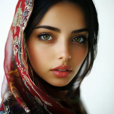 A distant shot of a beautiful Eastern girl against a white background.