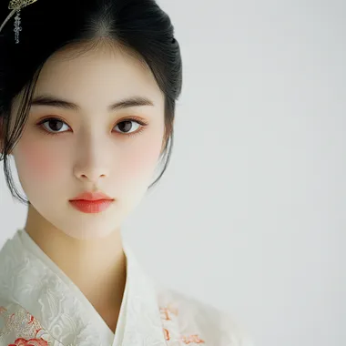 A distant shot of a beautiful Eastern girl against a white background.