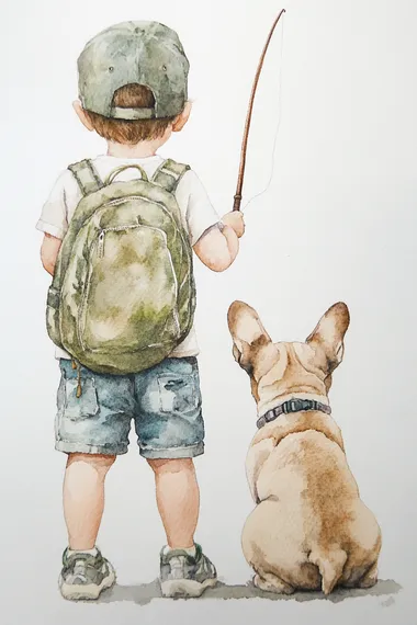 A realistic watercolor portrait of the back view of a toddler boy wearing shorts, a cap, and a t-shirt, holding a fishing rod in his one hand. He has a sage green backpack on his back. The boy is standing next to a French bulldog puppy, who is sitting down and turned towards the boy, its back to the camera too.  rofile anaf84p
