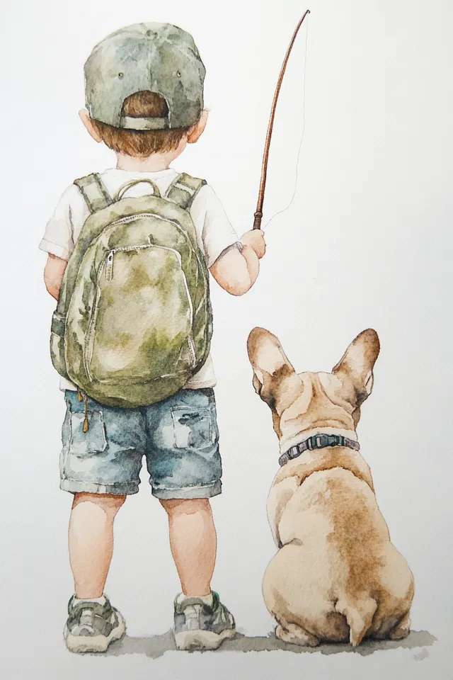 Toddler Boy and French Bulldog Fishing by a Tranquil Lake