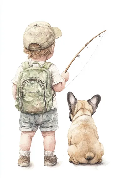 A realistic watercolor portrait of the back view of a toddler boy wearing shorts, a cap, and a t-shirt, holding a fishing rod in his one hand. He has a sage green backpack on his back. The boy is standing next to a French bulldog puppy, who is sitting down and turned towards the boy, its back to the camera too.  rofile anaf84p