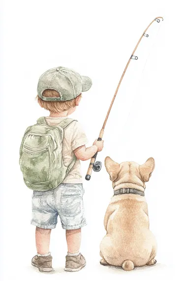 A realistic watercolor portrait of the back view of a toddler boy wearing shorts, a cap, and a t-shirt, holding a fishing rod in his one hand. He has a sage green backpack on his back. The boy is standing next to a French bulldog puppy, who is sitting down and turned towards the boy, its back to the camera too.  rofile anaf84p