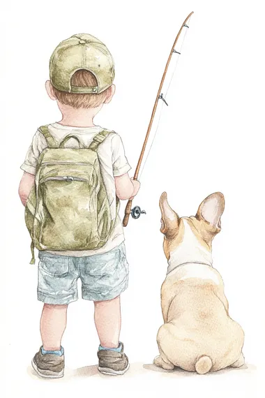 A realistic watercolor portrait of the back view of a toddler boy wearing shorts, a cap, and a t-shirt, holding a fishing rod in his one hand. He has a sage green backpack on his back. The boy is standing next to a French bulldog puppy, who is sitting down and turned towards the boy, its back to the camera too.  rofile anaf84p