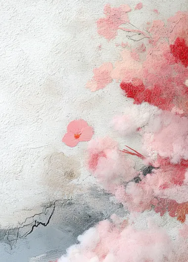 The surface of the fluffy cotton is covered with pink and red flowers, with clear details. The background color is a light white. The painting style of Vincent van Gogh features soft tones and brushstrokes, with a strong texture. A large number of wool threads form abstract shapes layered on top of each other, creating an overall impression of vitality and warm colors. It presents delicate textures and rich layers in close-up shots. High-definition photography.   kq4qydj