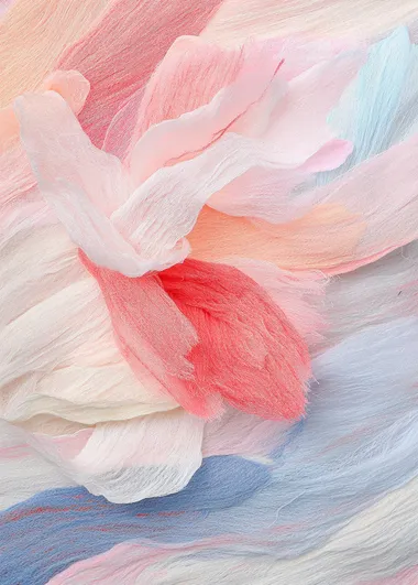 The surface of the fluffy cotton is covered with pink and red flowers, with clear details. The background color is a light white. The painting style of Vincent van Gogh features soft tones and brushstrokes, with a strong texture. A large number of wool threads form abstract shapes layered on top of each other, creating an overall impression of vitality and warm colors. It presents delicate textures and rich layers in close-up shots. High-definition photography.   kq4qydj